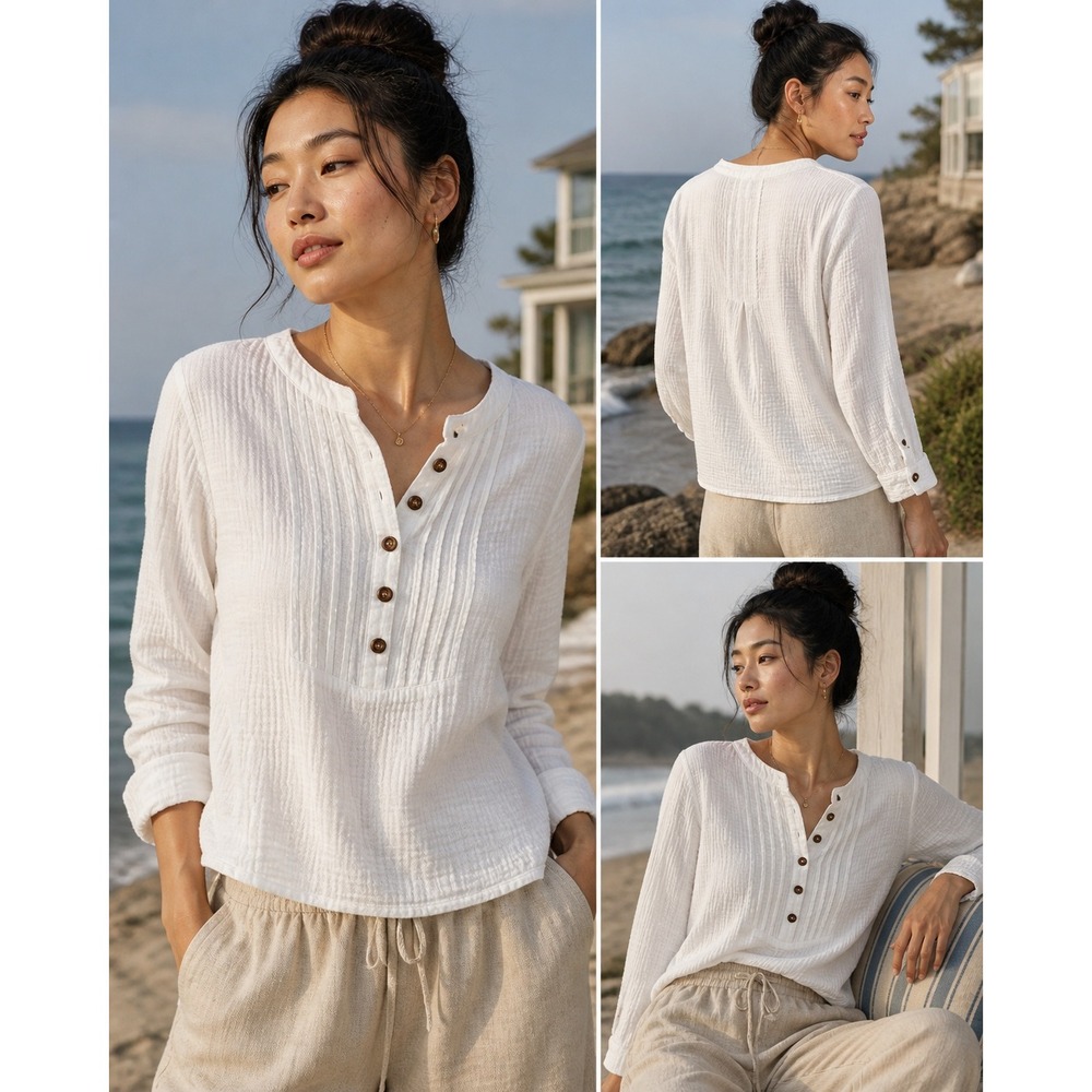 Heyson White Cotton Gauze Henley Top Womens Medium Pleated Bib Long Sleeve Boho